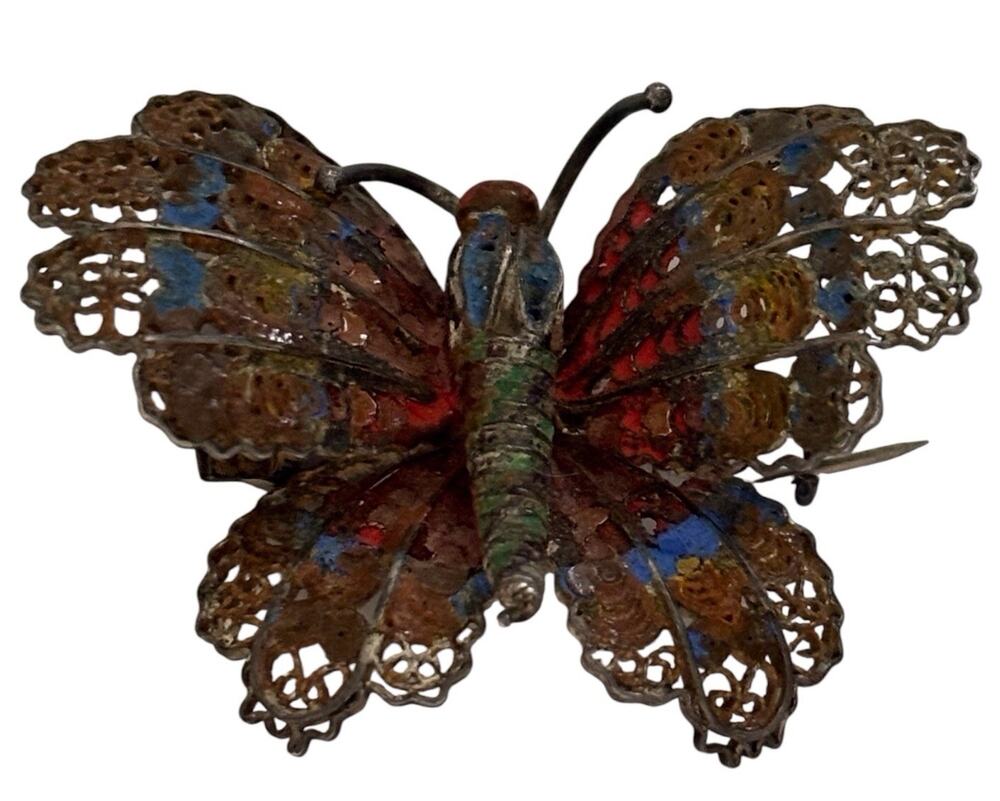 Antique 800 Silver filigree Enamel Butterfly Pin Brooch C Clasp Made In Italy S